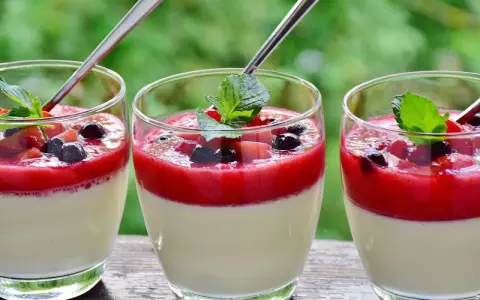 Drei Gläser Panna Cotta mit Beeren und Minze, ein Genuss für jede werdende Mutter.