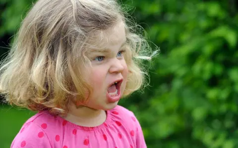 Wütendes zweijähriges Kind mit blonden Haaren und blauen Augen, das laut schreit. Warum haut mein Kind mich 2 Jahre?
