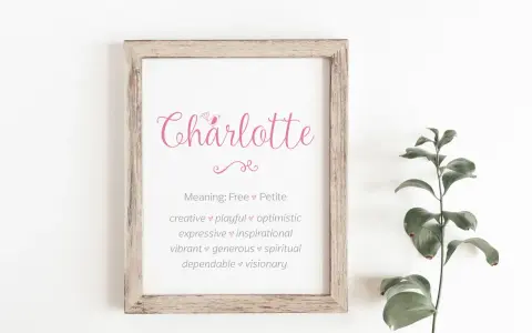Gerahmter Druck mit dem Namen Charlotte, der Eigenschaften wie kreativ, verspielt und optimistisch auflistet.