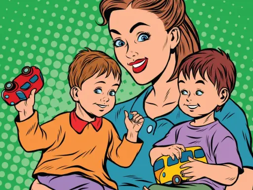 Mutter mit zwei Kindern, die Spielzeugautos halten. Sie ermutigt sie, ihre eigene Meinung zu bilden, während sie spielen.