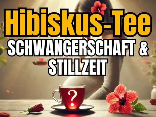 Hibiskustee in der Stillzeit: Eine Tasse mit Fragezeichen, umgeben von Hibiskusblüten und Pflanzen.