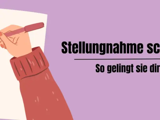 Hände schreiben auf Papier. Text: "Stellungnahme schreiben. So gelingt sie dir!" Lerne, deine eigene Meinung zu formulieren.