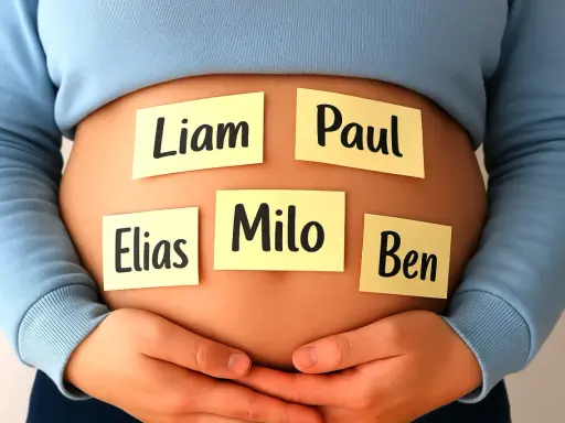 Bauch mit Haftnotizen: Liam, Paul, Elias, Milo, Ben. Eine Auswahl an seltenen Jungennamen für das kommende Baby.