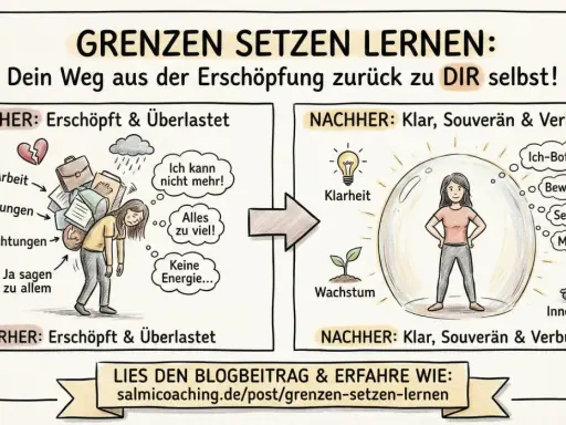 Vorher: Überlastet durch Arbeit, Erwartungen, Verpflichtungen, Ja sagen zu allem. Nachher: Klarheit, Wachstum, Ich-Botschaften, bewusstes NEIN, Selbstfürsorge, Werte, innere Ruhe. Hilft auch bei Distanzlosigkeit bei Kindern mit ADHS.