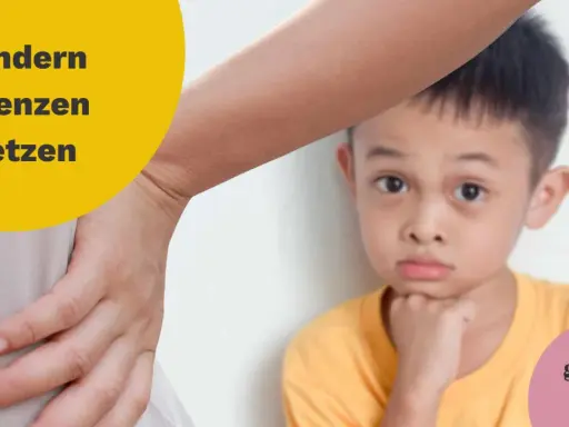 Ein Kind blickt nachdenklich, während eine Hand im Vordergrund liegt. Der Text "Kindern Grenzen setzen" ist prominent platziert.