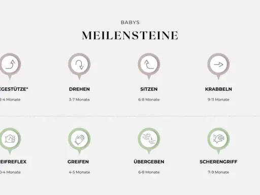 Entwicklung des Kindes im 1. Lebensjahr: Grob- und Feinmotorik-Meilensteine von Liegestütze bis Laufen und Greifen.