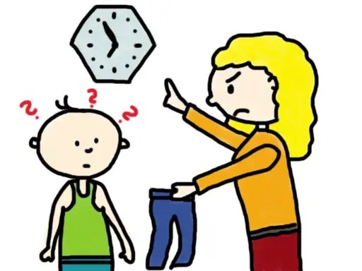 Eine Mutter hält eine Hose hoch und zeigt auf die Uhr. Das Kind ist verwirrt. Konsequent sein ist wichtig.