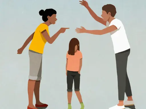 Ein **Streit mit Kind eskaliert**: Eltern streiten sich heftig, während das Kind dazwischen steht und hilflos wirkt.