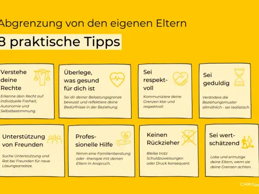 Abgrenzung von Eltern: 8 Tipps. Wenn meine Mutter mir nicht gut tut, helfe ich mir mit Selbstbestimmung, gesunden Grenzen, Respekt, Geduld, Freunden, professioneller Hilfe, Konsequenz und Wertschätzung.