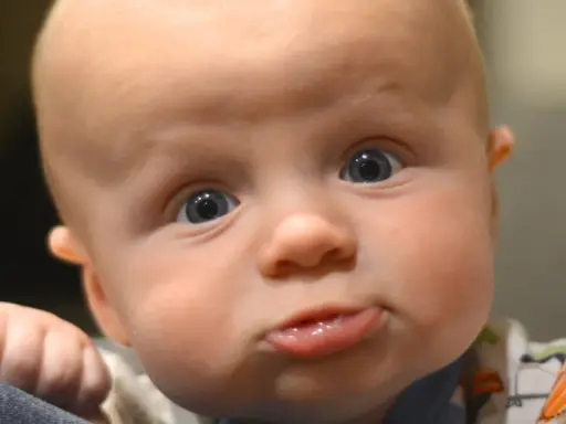 Nahaufnahme eines Babys mit großen blauen Augen und einem lustigen Gesichtsausdruck. Das Baby scheint sich selbst zu erkunden, seine Hand ruht auf einer dunklen Oberfläche.