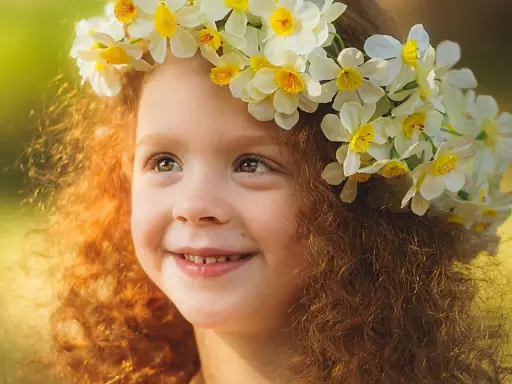 Ein Mädchen mit roten Locken und einem Blumenkranz im Haar, das an keltische Namen weiblich erinnert.