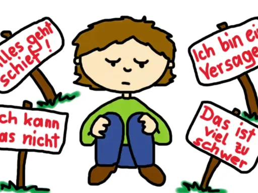 Trauriges Kind sitzt, umgeben von Schildern mit negativen Botschaften wie "Ich bin ein Versager". Es weint, weil es etwas nicht bekommt.