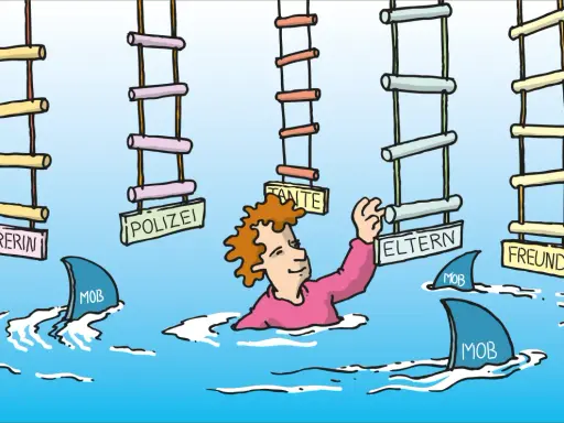 Ein Kind kämpft im Wasser gegen Haie (Mobbing). Leitern mit Schildern wie "Lehrerin", "Polizei", "Eltern", "Freunde" hängen über ihm, aber es erreicht keine.