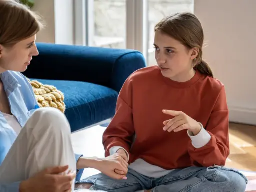 Mutter und Tochter sitzen auf dem Boden. Die Tochter, die mich erwachsene Tochter behandelt mich respektlos, gestikuliert lebhaft.