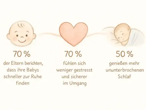 Babys schlafzyklen: 70% der Eltern berichten, dass ihre Babys schneller zur Ruhe finden. 70% fühlen sich sicherer im Umgang. 50% genießen mehr ununterbrochenen Schlaf.