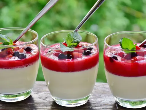Drei Gläser Panna Cotta mit Beeren und Minze, ein Genuss für jede werdende Mutter.