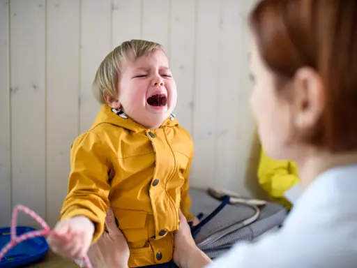 Ein weinendes Kind im Kindergarten, das nach Mama ruft. Die Erzieherin versucht, das kleine Mädchen zu trösten.