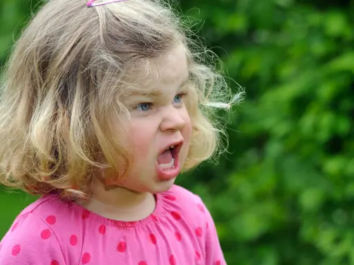 Wütendes zweijähriges Kind mit blonden Haaren und blauen Augen, das laut schreit. Warum haut mein Kind mich 2 Jahre?