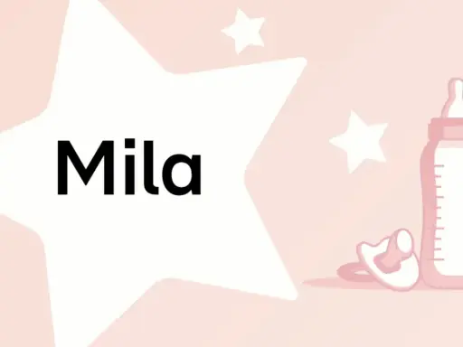 Der Name Mila bedeutet "lieb" oder "gütig". Auf dem Bild sind Sterne, eine Babyflasche und ein Schnuller zu sehen, die auf ein Neugeborenes hindeuten.