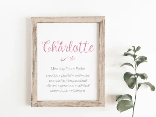 Gerahmter Druck mit dem Namen Charlotte, der Eigenschaften wie kreativ, verspielt und optimistisch auflistet.