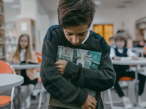 Ein Junge hält ein Buch, während andere Kinder im Hintergrund spielen. Er wirkt traurig, als ob mein Kind im Kindergarten ausgeschlossen wird.