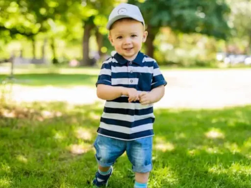 Ein lächelnder Junge mit Kappe und gestreiftem Polo-Shirt im Park. Vielleicht heißt er Finn, Leo oder Noah – beliebte Jungennamen mit 4 Buchstaben.