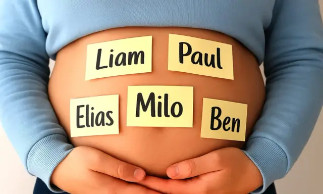 Bauch mit Haftnotizen: Liam, Paul, Elias, Milo, Ben. Eine Auswahl an seltenen Jungennamen für das kommende Baby.