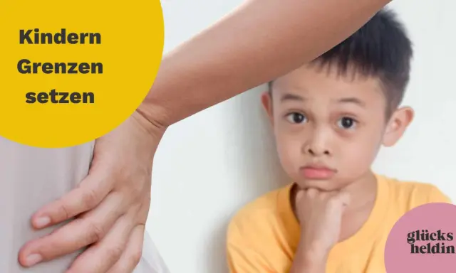 Ein Kind blickt nachdenklich, während eine Hand im Vordergrund liegt. Der Text "Kindern Grenzen setzen" ist prominent platziert.