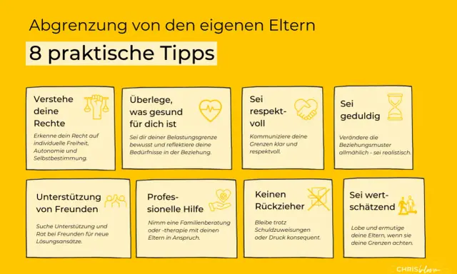 Abgrenzung von Eltern: 8 Tipps. Wenn meine Mutter mir nicht gut tut, helfe ich mir mit Selbstbestimmung, gesunden Grenzen, Respekt, Geduld, Freunden, professioneller Hilfe, Konsequenz und Wertschätzung.