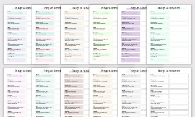 Mehrere bunte Vorlagen für eine "Mental Load Liste" mit Kategorien wie Termine, Mahlzeiten und Einkäufe.