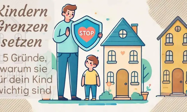 Vater schützt Kind mit Schild "STOP". Illustration zeigt, wie wichtig Grenzen für Kinder sind, um eine gesunde Entwicklung zu fördern, nicht wie bei einer toxischen Tochter.