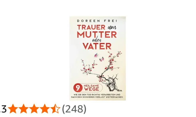 Buchcover: "Trauer um Mutter oder Vater" von Doreen Frei. Zeigt einen blühenden Ast mit Schmetterlingen, der hilft, den Tod der Mutter zu verarbeiten.