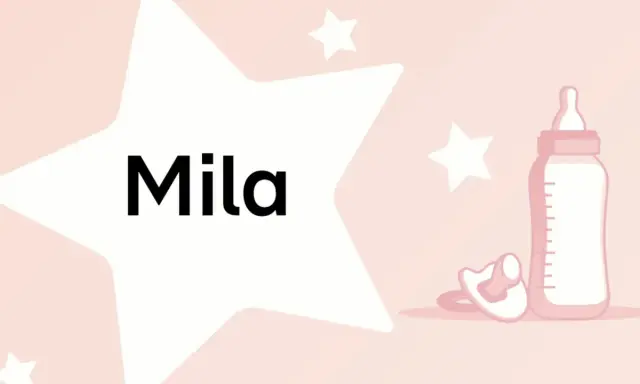 Der Name Mila bedeutet "lieb" oder "gütig". Auf dem Bild sind Sterne, eine Babyflasche und ein Schnuller zu sehen, die auf ein Neugeborenes hindeuten.