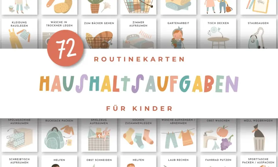Bilder zeigen verschiedene Aufgaben, bei denen Kinder im Haushalt helfen, wie Wäsche falten, Staub wischen und den Tisch decken.