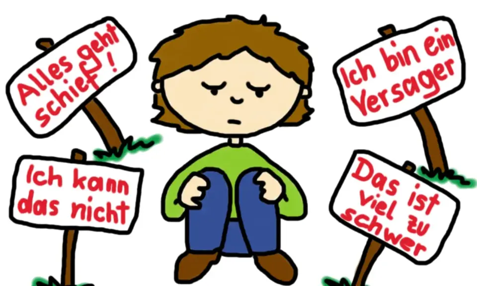 Trauriges Kind sitzt, umgeben von Schildern mit negativen Botschaften wie "Ich bin ein Versager". Es weint, weil es etwas nicht bekommt.