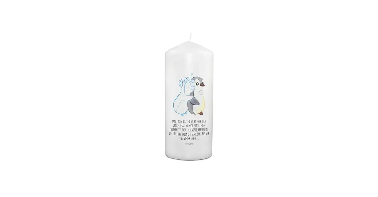 Wei&szlig;e Kerze mit Pinguin-Motiv und Spruch: 