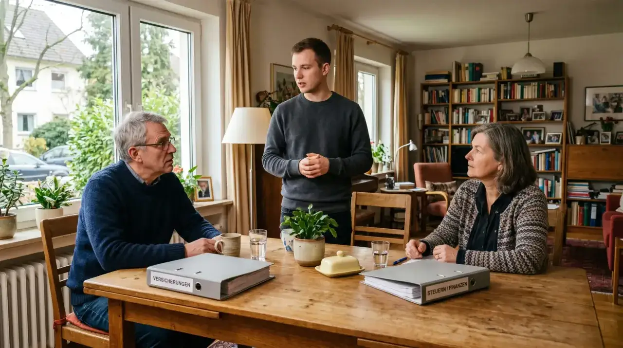 Eltern besprechen mit ihrem Sohn die Finanzen, als ob er die falsche Freundin h&auml;tte. Ein ernstes Gespr&auml;ch &uuml;ber Versicherungen und Steuern.
