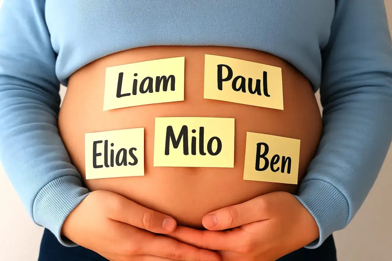 Ein Babybauch mit Post-its: Liam, Paul, Elias, Milo, Ben – eine Auswahl an klangvollen Jungennamen für das kommende Wunder.