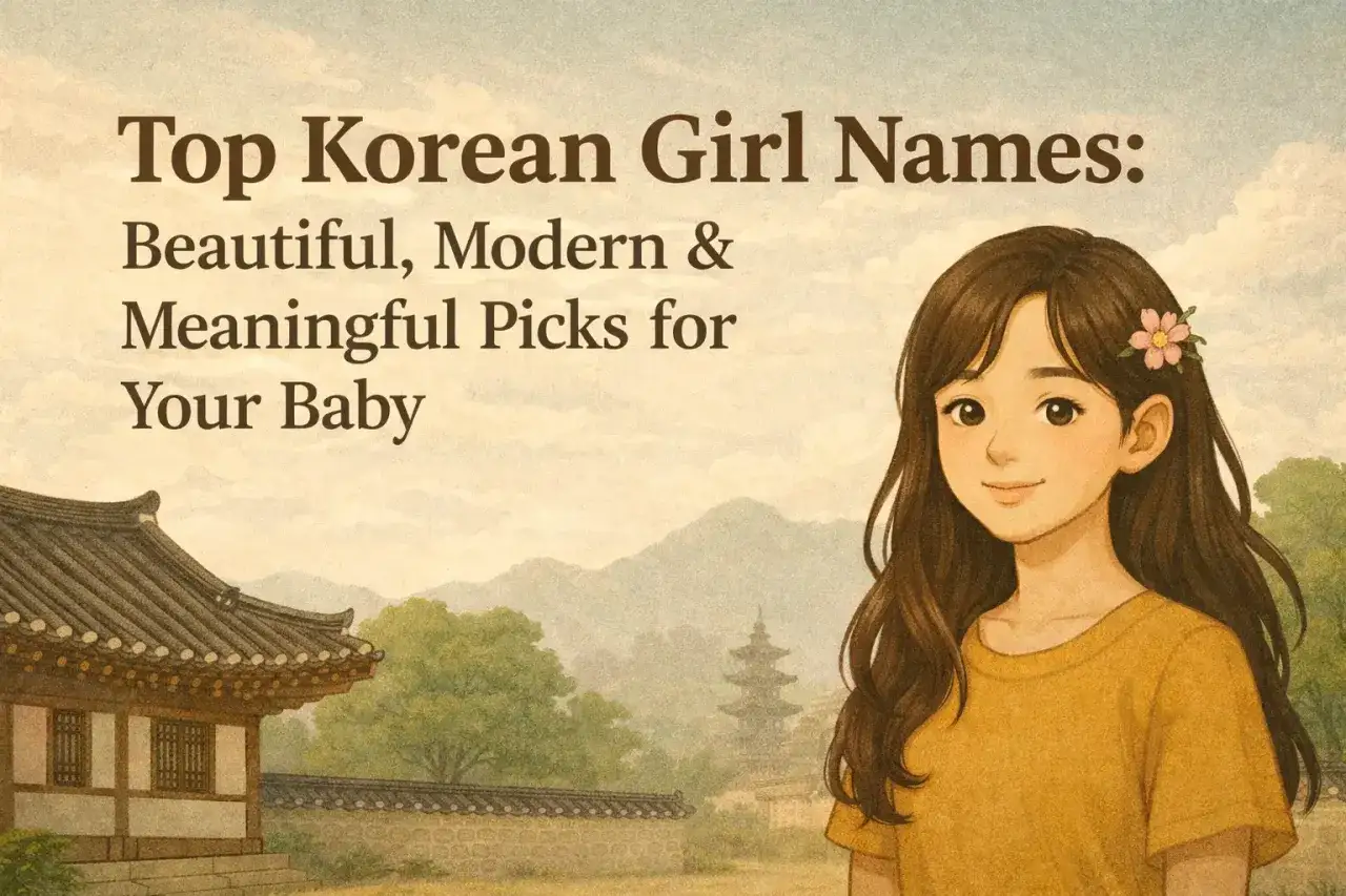 Illustration mit einem Mädchen und Text über koreanische Vornamen weiblich. Ein traditionelles koreanisches Gebäude ist im Hintergrund zu sehen.