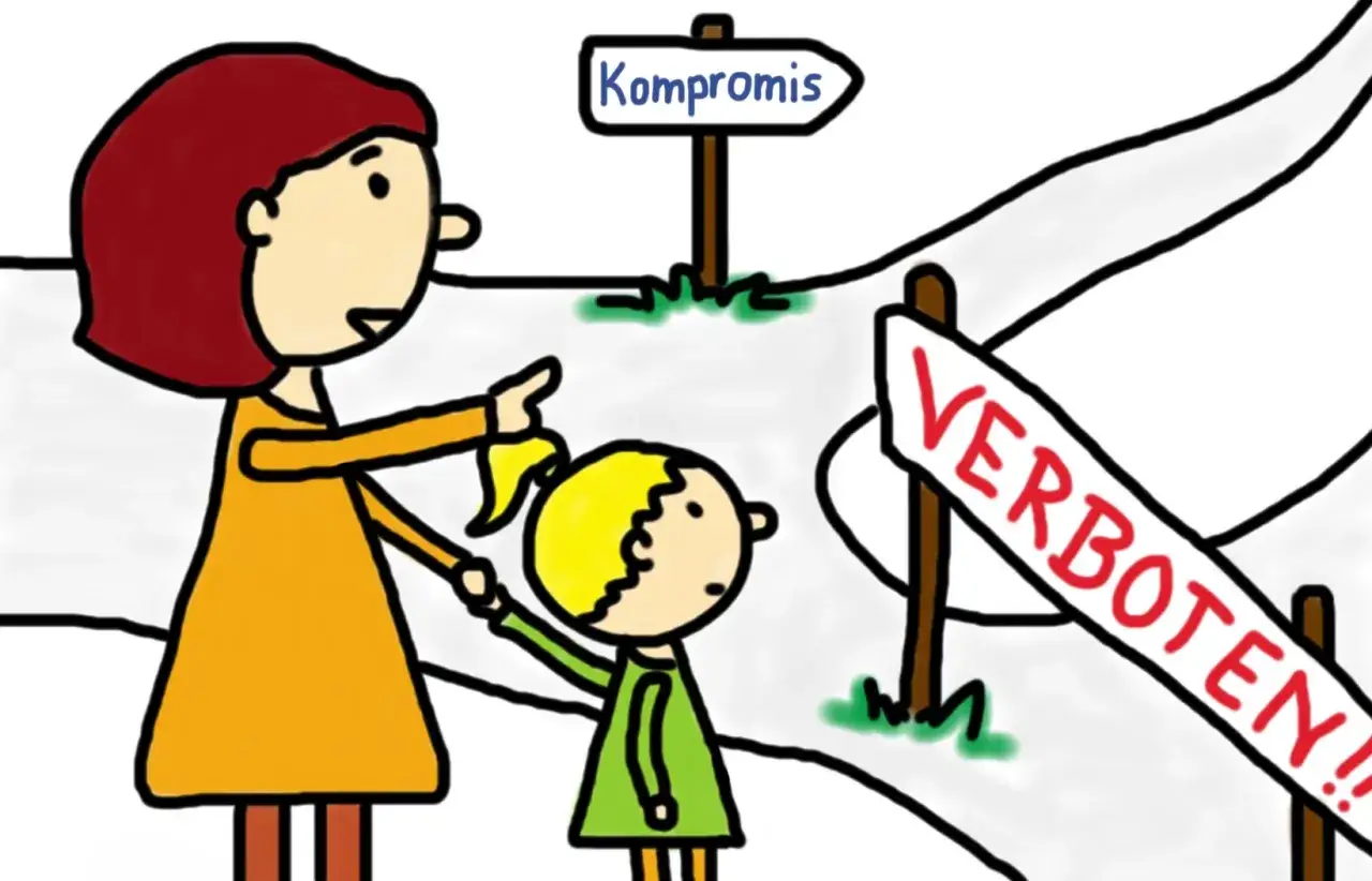 Eine Frau zeigt auf ein Schild 