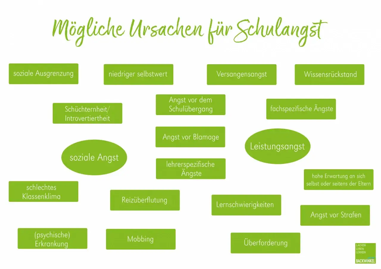 Ursachen für Schulangst: soziale Ausgrenzung, niedriger Selbstwert, Versagensangst, Wissensrückstand, Angst vor dem Schulübergang, fachspezifische Ängste, soziale Angst, Angst vor Blamage, Leistungsangst, Lehrerängste, Lernschwierigkeiten, Angst vor St...