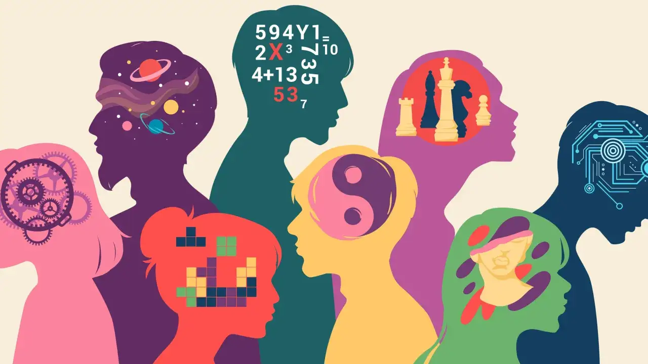 Bunte Silhouetten von K&ouml;pfen, die unterschiedliche Gedankenwelten zeigen: Sterne, Zahlen, Schachfiguren, Yin & Yang. Manche Kinder mit ADHS erleben diese Vielfalt als Herausforderung, die Distanzlosigkeit kann ein Teil davon sein.