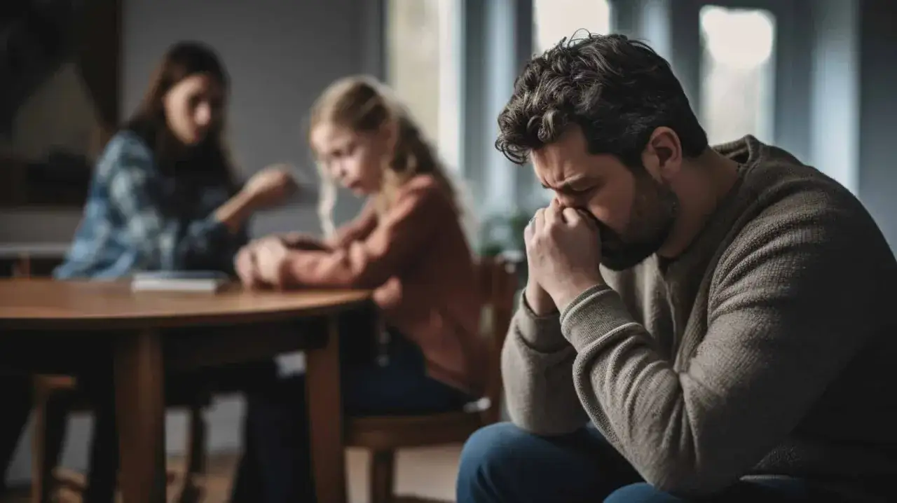 Ein Mann sitzt mit gesenktem Kopf da, die H&auml;nde vor dem Gesicht. Im Hintergrund sitzen eine Frau und ein Kind am Tisch. Die Szene strahlt eine tiefe Traurigkeit aus, die an das Gef&uuml;hl des Bedauerns &uuml;ber die Mutterschaft erinnert.