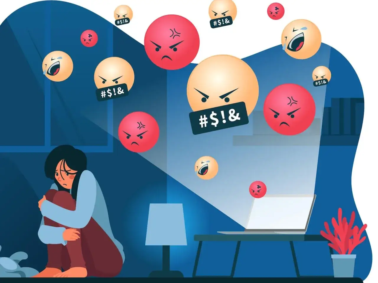 Ein Kind leidet unter Cybermobbing. W&uuml;tende Emojis und beleidigende Nachrichten umgeben es, w&auml;hrend es sich vor dem Laptop verkriecht. Cybermobbing strafen Kinder.