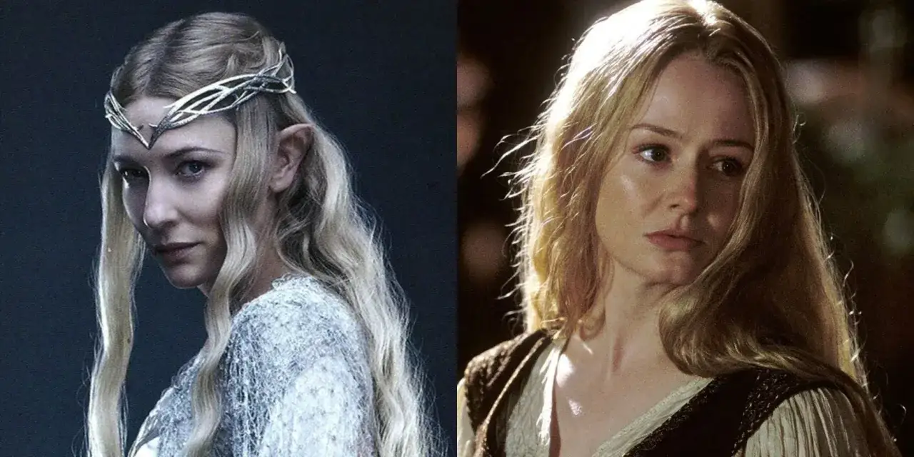Zwei weibliche Figuren aus Herr der Ringe: Galadriel mit Elbenohren und Diadem, und &Eacute;owyn in Erdt&ouml;nen.