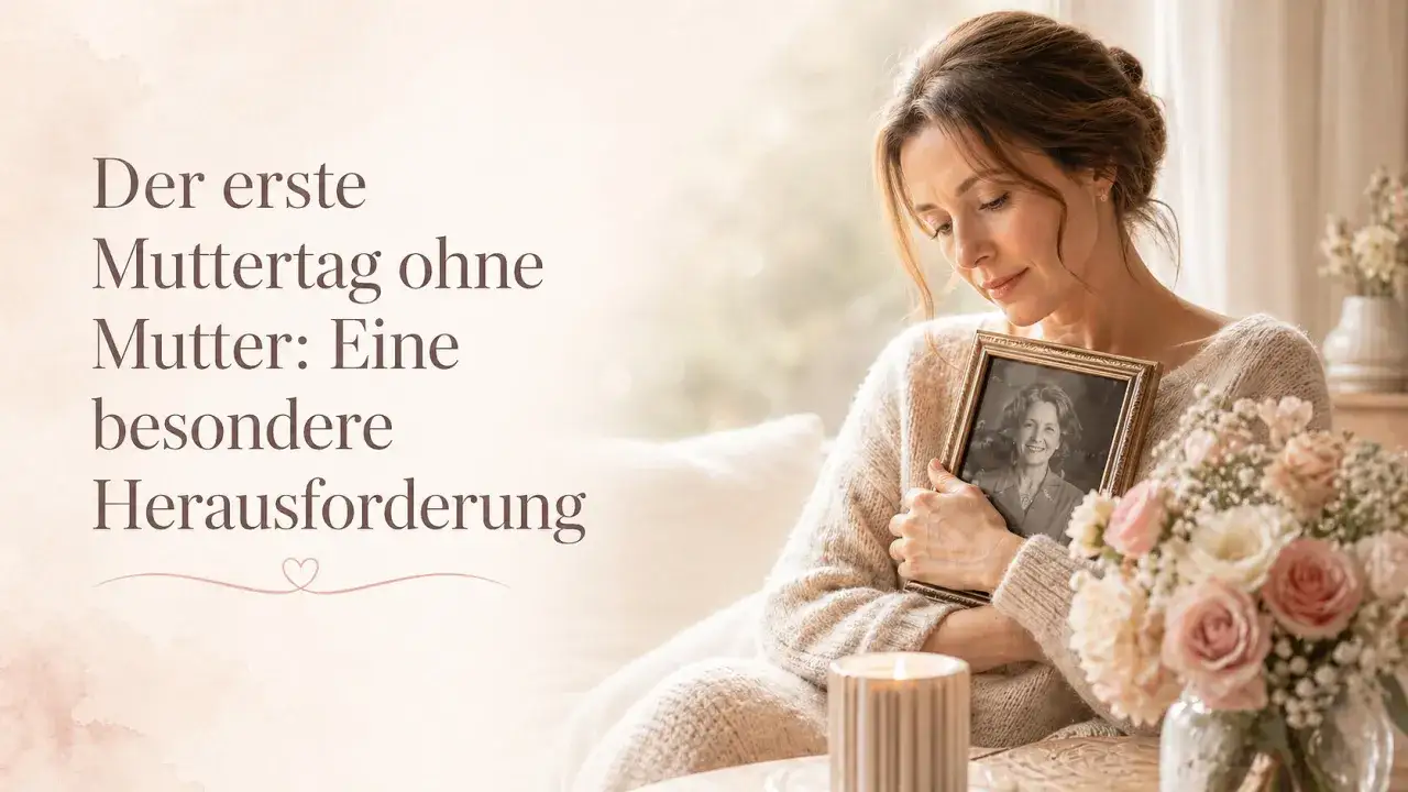 Eine Frau hält ein Foto ihrer Mutter, der Verlustangst, Mutter zu verlieren, spürbar. Ein Blumenstrauß und eine Kerze deuten auf den Muttertag hin.