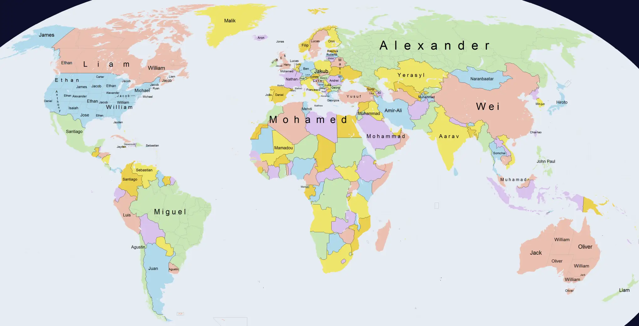 Weltkarte mit beliebten Jungennamen international. Von Liam in Nordamerika &uuml;ber Mohamed in Afrika bis Wei in Asien.