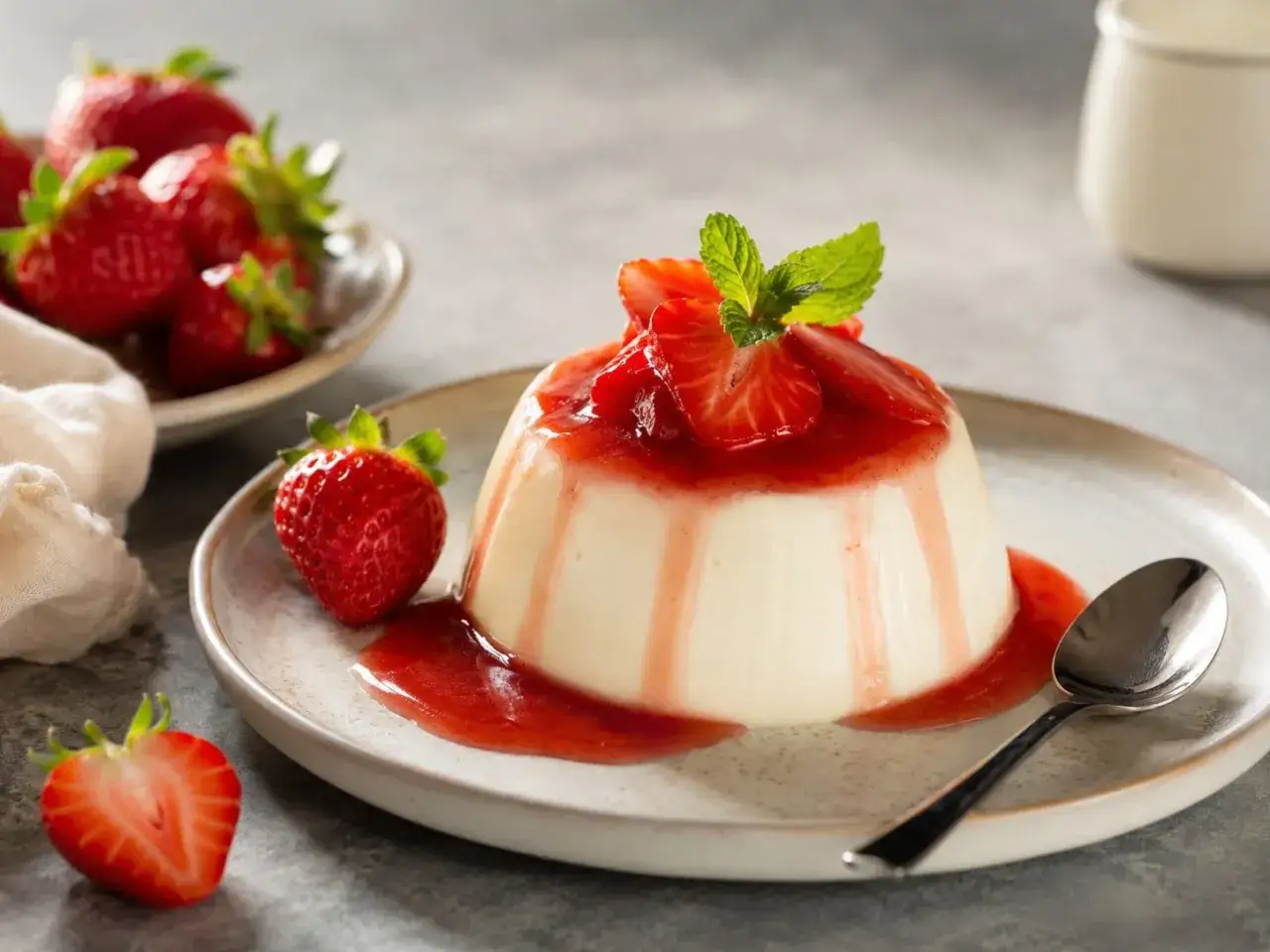 Cremige Panna Cotta mit Erdbeersauce und frischen Erdbeeren, ein Genuss für jede werdende Mutter.