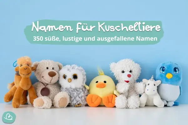 Eine Reihe von Kuscheltieren, von Kamel bis Vogel, wartet auf lustige Namen. 350 süße, lustige und ausgefallene Namen für dein neues Stofftier.