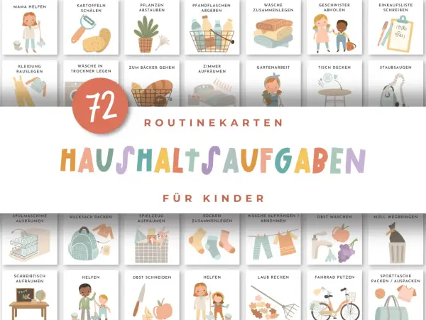 Bilder zeigen verschiedene Aufgaben, bei denen Kinder im Haushalt helfen, wie Wäsche falten, Staub wischen und den Tisch decken.